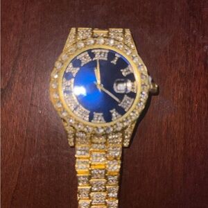 Gold and Blue Watch with Rhinestones